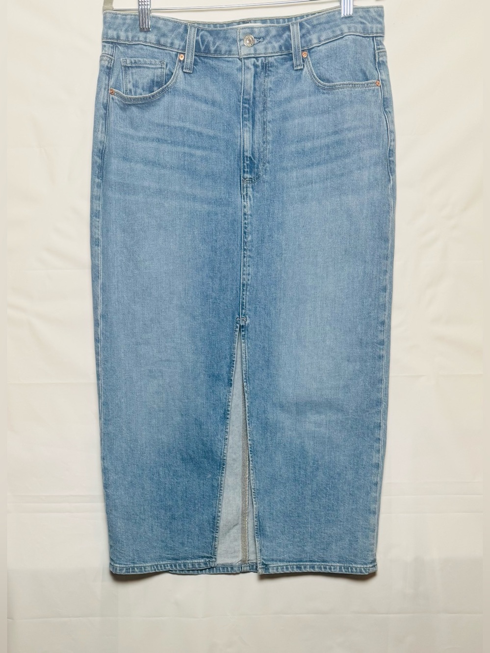 PAIGE Women’s Light Blue Denim Maxi Skirt with Front Slit, Sz 31. NWOT